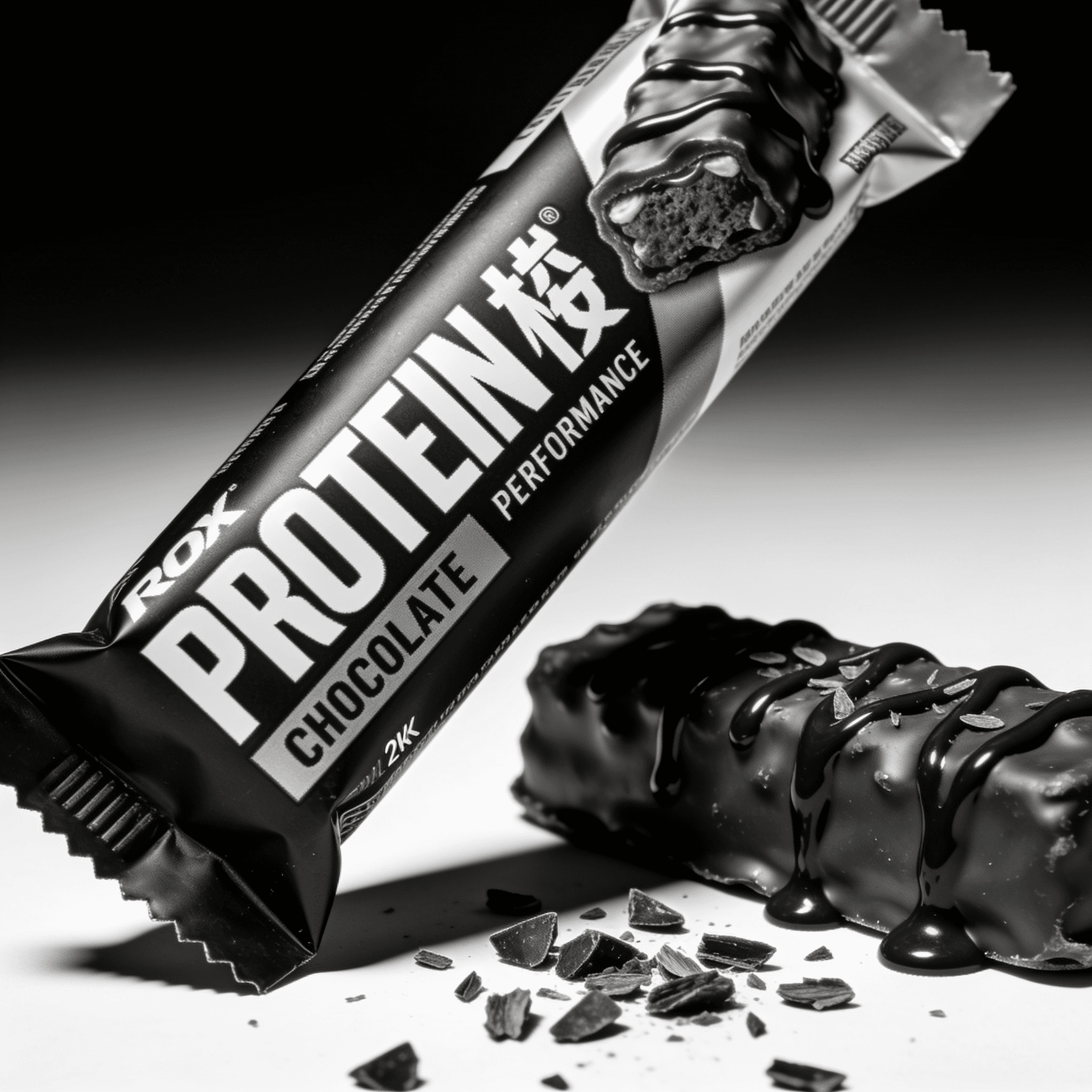 Chocolate protein bar with chocolate sauce dripping from a broken piece